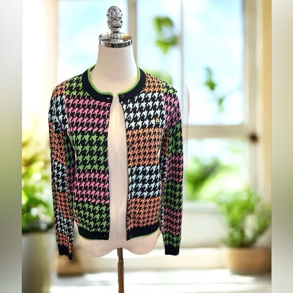 Teddy Fresh Houndstooth Cardigan Sweater Neon Colorblock Cotton H3H3 Size S - Picture 4 of 15